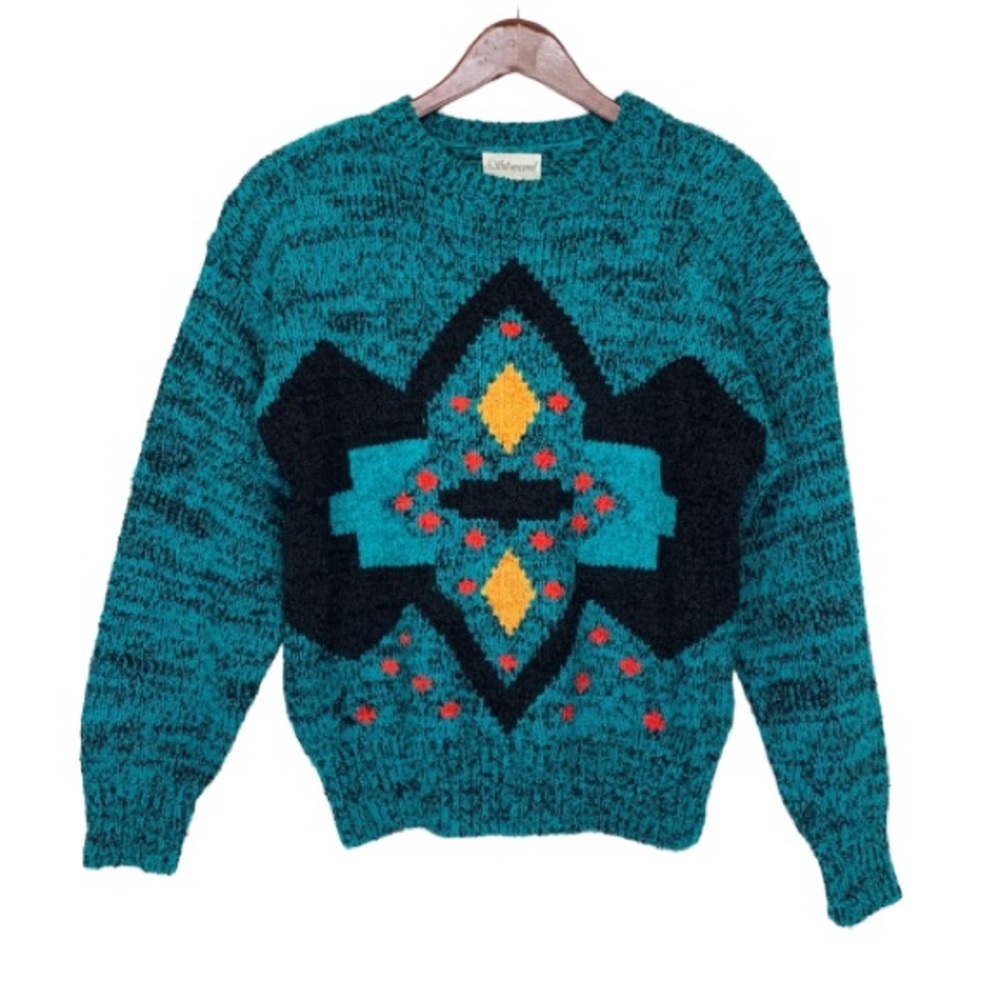 Vintage Silvercord Geometric Tribal Teal Aqua Knit Crewneck Sweater Size Large